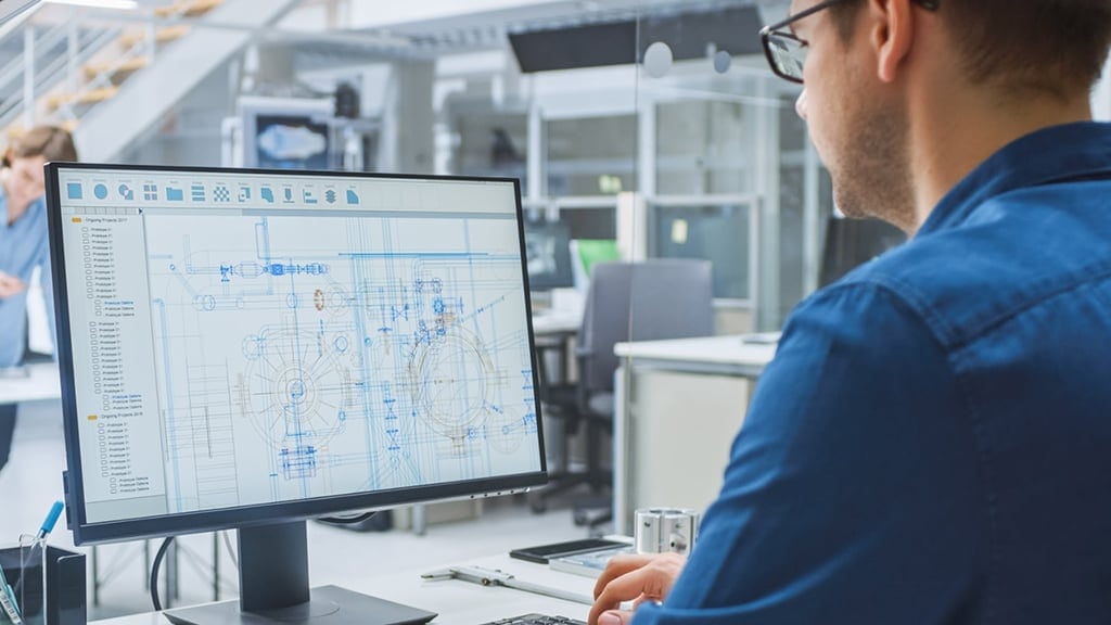 Male employee with glasses seated at computer looking at schematics or blueprints